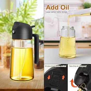 2in1 Glass Oil Dispenser Bottle with Spray and Pour Function – 300ml Leakproof Olive Oil Sprayer for Cooking, Baking, and Salad Dressing, Refillable Kitchen Accessory both spray and pour modes.
