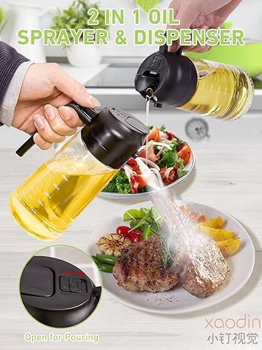 2in1 Glass Oil Dispenser Bottle with Spray and Pour Function – 300ml Leakproof Olive Oil Sprayer for Cooking, Baking, and Salad Dressing, Refillable Kitchen Accessory both spray and pour modes.