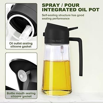 2in1 Glass Oil Dispenser Bottle with Spray and Pour Function – 300ml Leakproof Olive Oil Sprayer for Cooking, Baking, and Salad Dressing, Refillable Kitchen Accessory both spray and pour modes.