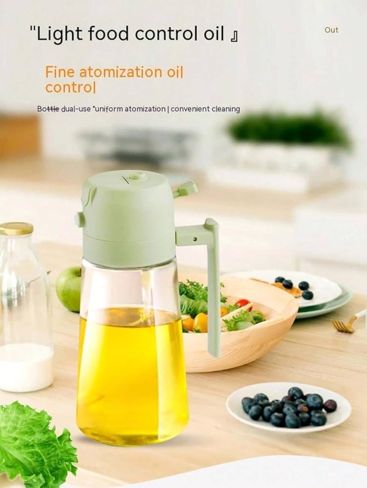 2in1 Glass Oil Dispenser Bottle with Spray and Pour Function – 300ml Leakproof Olive Oil Sprayer for Cooking, Baking, and Salad Dressing, Refillable Kitchen Accessory both spray and pour modes.
