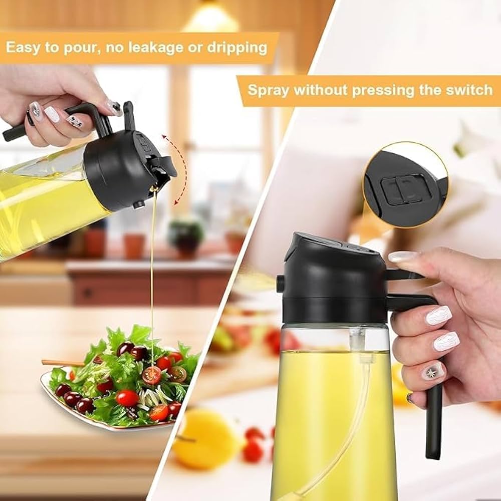 2in1 Glass Oil Dispenser Bottle with Spray and Pour Function – 300ml Leakproof Olive Oil Sprayer for Cooking, Baking, and Salad Dressing, Refillable Kitchen Accessory both spray and pour modes.
