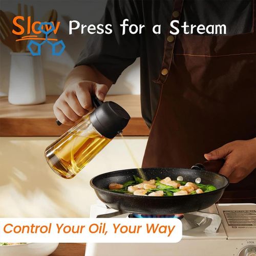 2in1 Glass Oil Dispenser Bottle with Spray and Pour Function – 300ml Leakproof Olive Oil Sprayer for Cooking, Baking, and Salad Dressing, Refillable Kitchen Accessory both spray and pour modes.
