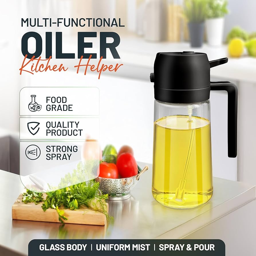 2in1 Glass Oil Dispenser Bottle with Spray and Pour Function – 300ml Leakproof Olive Oil Sprayer for Cooking, Baking, and Salad Dressing, Refillable Kitchen Accessory both spray and pour modes.