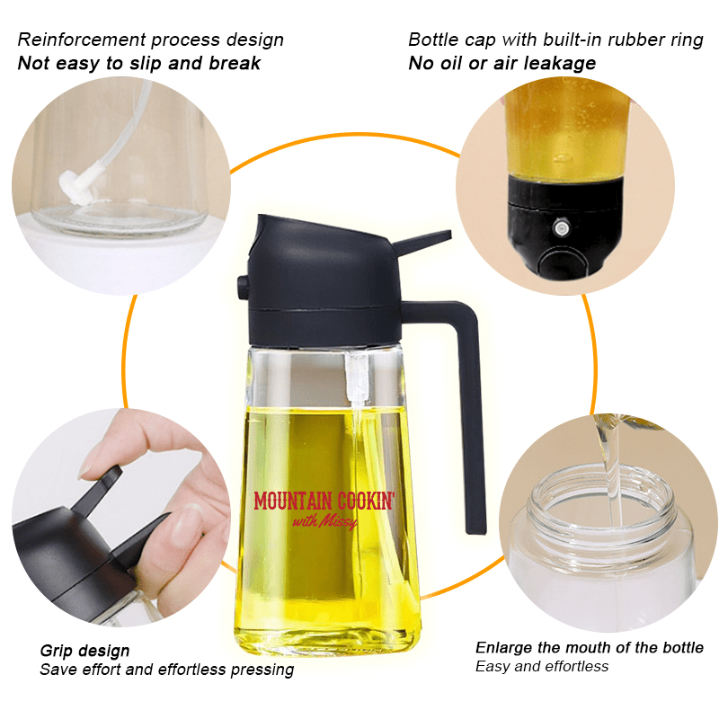 2in1 Glass Oil Dispenser Bottle with Spray and Pour Function – 300ml Leakproof Olive Oil Sprayer for Cooking, Baking, and Salad Dressing, Refillable Kitchen Accessory both spray and pour modes.