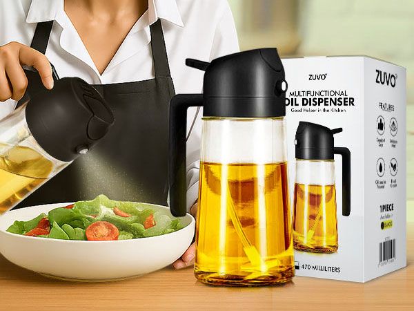 2in1 Glass Oil Dispenser Bottle with Spray and Pour Function – 300ml Leakproof Olive Oil Sprayer for Cooking, Baking, and Salad Dressing, Refillable Kitchen Accessory both spray and pour modes.