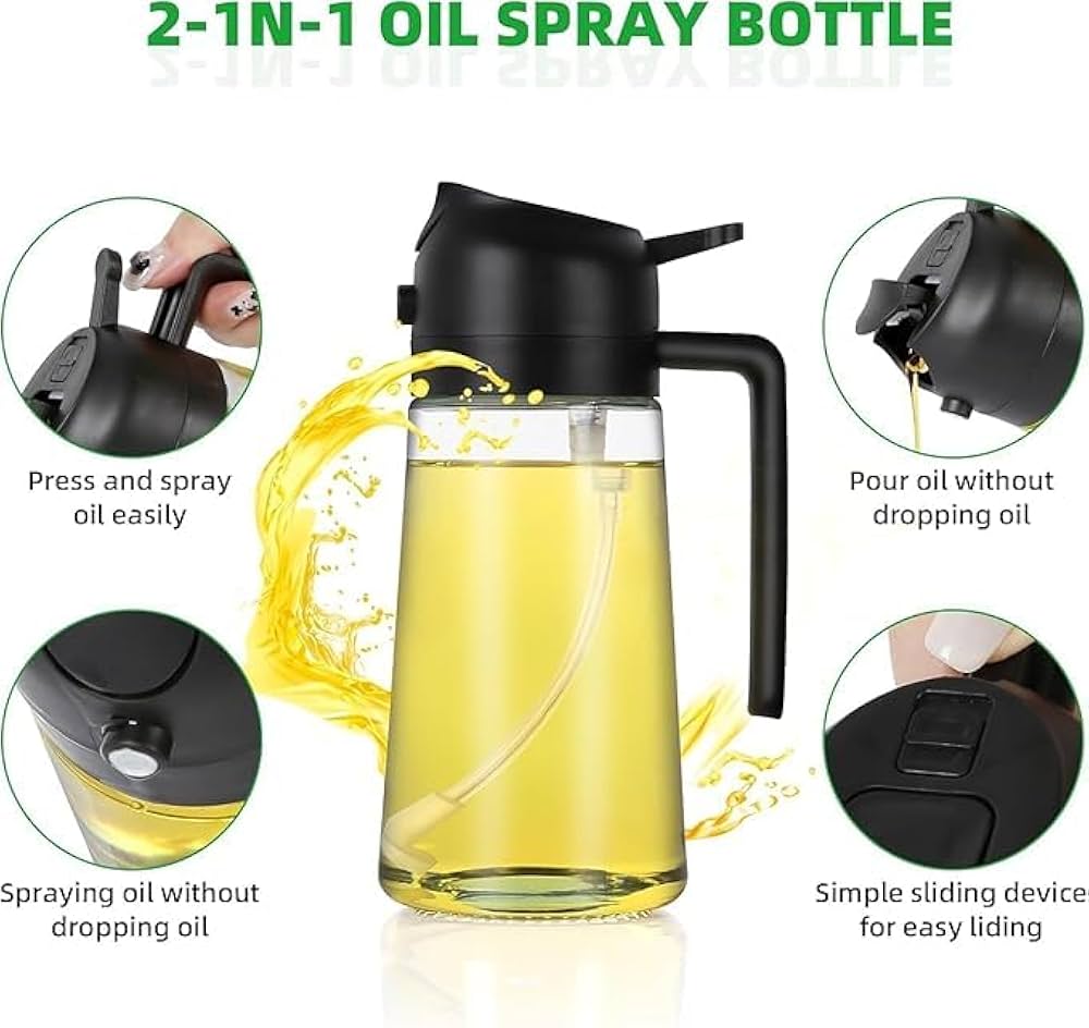 2in1 Glass Oil Dispenser Bottle with Spray and Pour Function – 300ml Leakproof Olive Oil Sprayer for Cooking, Baking, and Salad Dressing, Refillable Kitchen Accessory both spray and pour modes.