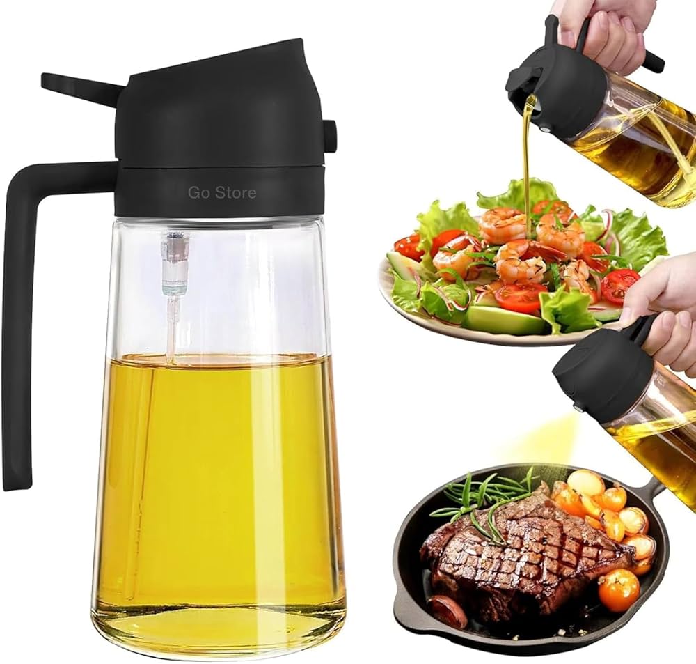 2in1 Glass Oil Dispenser Bottle with Spray and Pour Function – 300ml Leakproof Olive Oil Sprayer for Cooking, Baking, and Salad Dressing, Refillable Kitchen Accessory both spray and pour modes.
