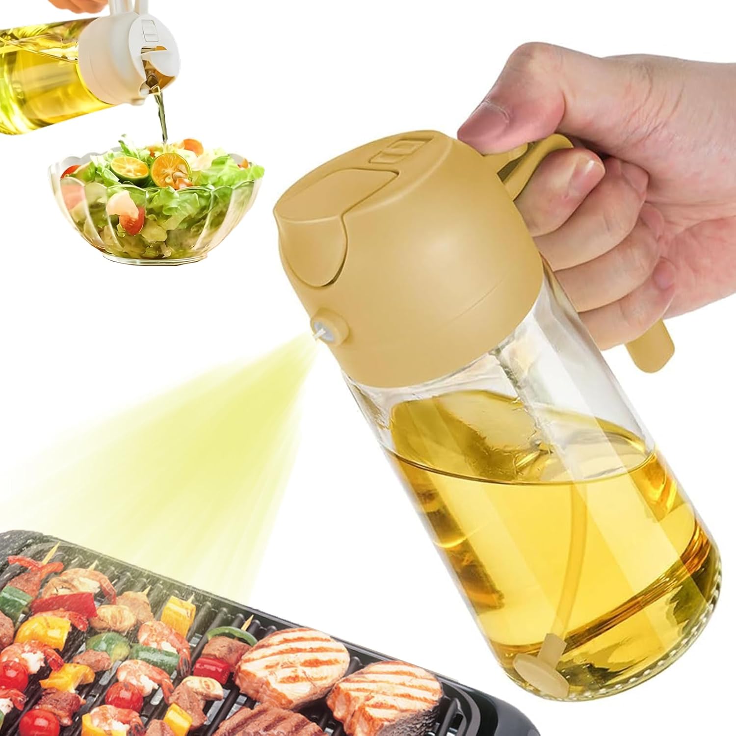 2in1 Glass Oil Dispenser Bottle with Spray and Pour Function – 300ml Leakproof Olive Oil Sprayer for Cooking, Baking, and Salad Dressing, Refillable Kitchen Accessory both spray and pour modes.