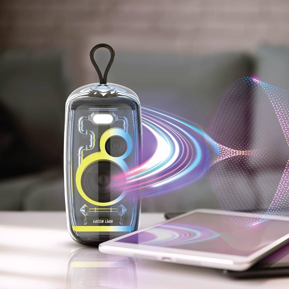 Deepbass Party Bass Speaker, Model: BOX-10.This portable "Media Player" is a waterproof Bluetooth speaker designed with a transparent aesthetic and integrated LED lighting.