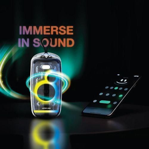 Deepbass Party Bass Speaker, Model: BOX-10.This portable "Media Player" is a waterproof Bluetooth speaker designed with a transparent aesthetic and integrated LED lighting.