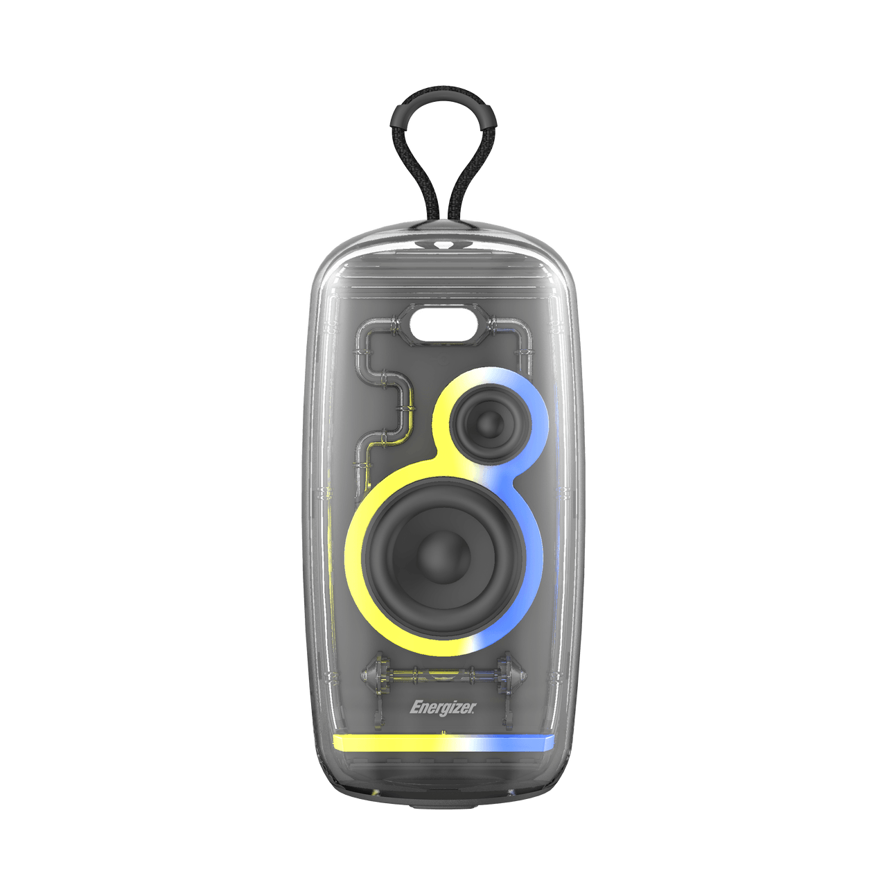 Deepbass Party Bass Speaker, Model: BOX-10.This portable "Media Player" is a waterproof Bluetooth speaker designed with a transparent aesthetic and integrated LED lighting.