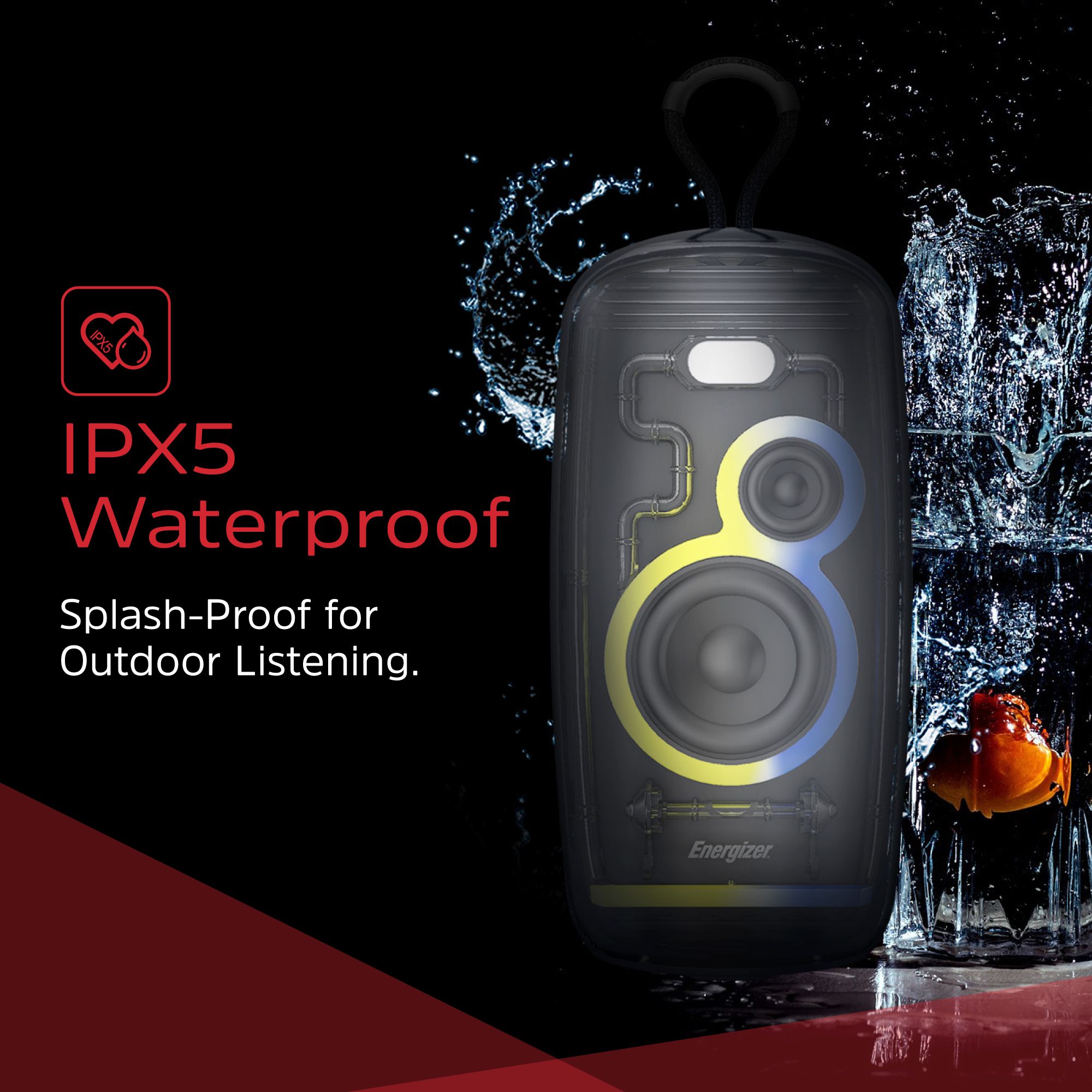 Deepbass Party Bass Speaker, Model: BOX-10.This portable "Media Player" is a waterproof Bluetooth speaker designed with a transparent aesthetic and integrated LED lighting.