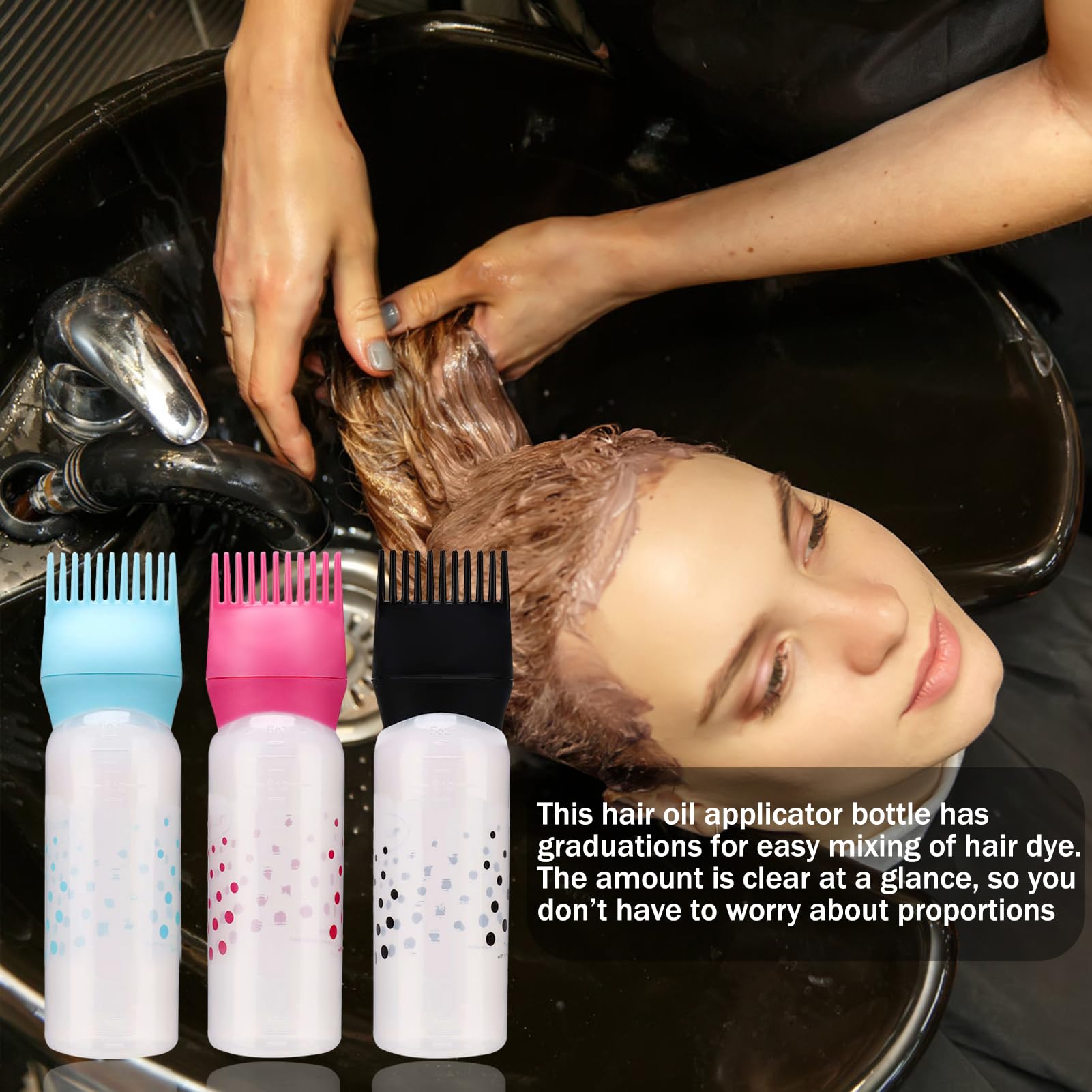 Hair Dye Applicator Bottle Oil Dispenser Brush Comb Shampoo Bottle.A squeeze bottle equipped with a comb-shaped applicator tip for simultaneous dispensing and combing.Approximately 170mm in height.