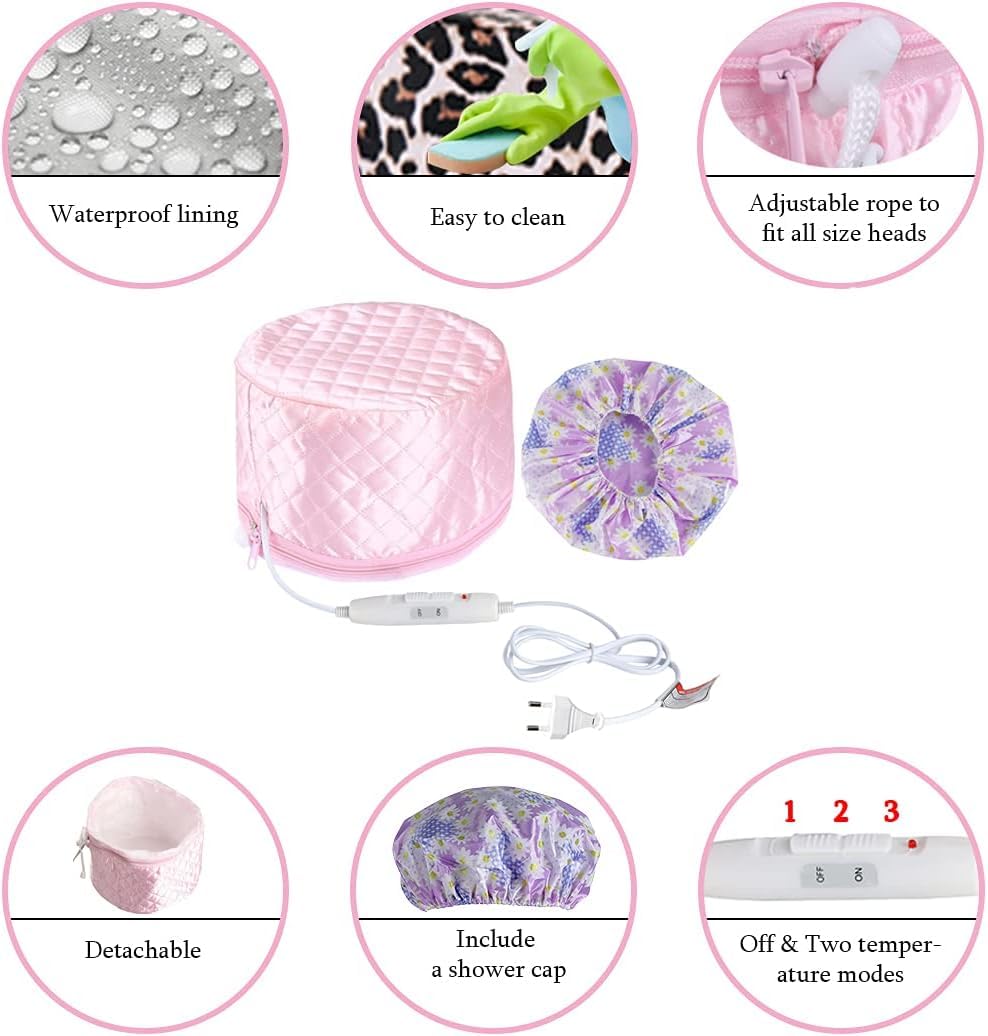 Electric Hair Steamer Cap (Thermal Cap) Three Levels Of Temperature Controlling (low, Medium And High Heat). Waterproof Inner Embedded Plastic Film.Includes an adjustable drawstring to ensure a snug .