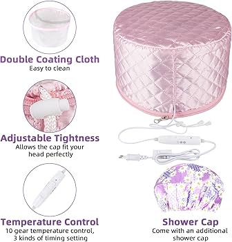 Electric Hair Steamer Cap (Thermal Cap) Three Levels Of Temperature Controlling (low, Medium And High Heat). Waterproof Inner Embedded Plastic Film.Includes an adjustable drawstring to ensure a snug .