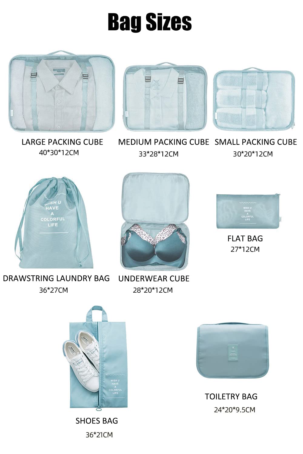 8pcs Luggage Travel Organizers For Suitcase With Toiletry Case Packing Cubes Set For Clothes, Shoes & Accessories Waterproof Oxford Fabric Storage Bags For Travel & Home Use.