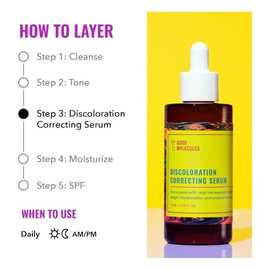 GOOD MOLECULES Discoloration Correcting Serum with Niacinamide & 3% tranexamic acid. Removes Dark Spots, Age spots, Acne Scars, Hyperpigmentation, Discolorations, Duulness, Brightens & Evens the skin.