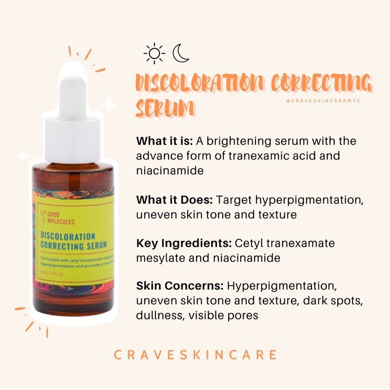 GOOD MOLECULES Discoloration Correcting Serum with Niacinamide & 3% tranexamic acid. Removes Dark Spots, Age spots, Acne Scars, Hyperpigmentation, Discolorations, Duulness, Brightens & Evens the skin.