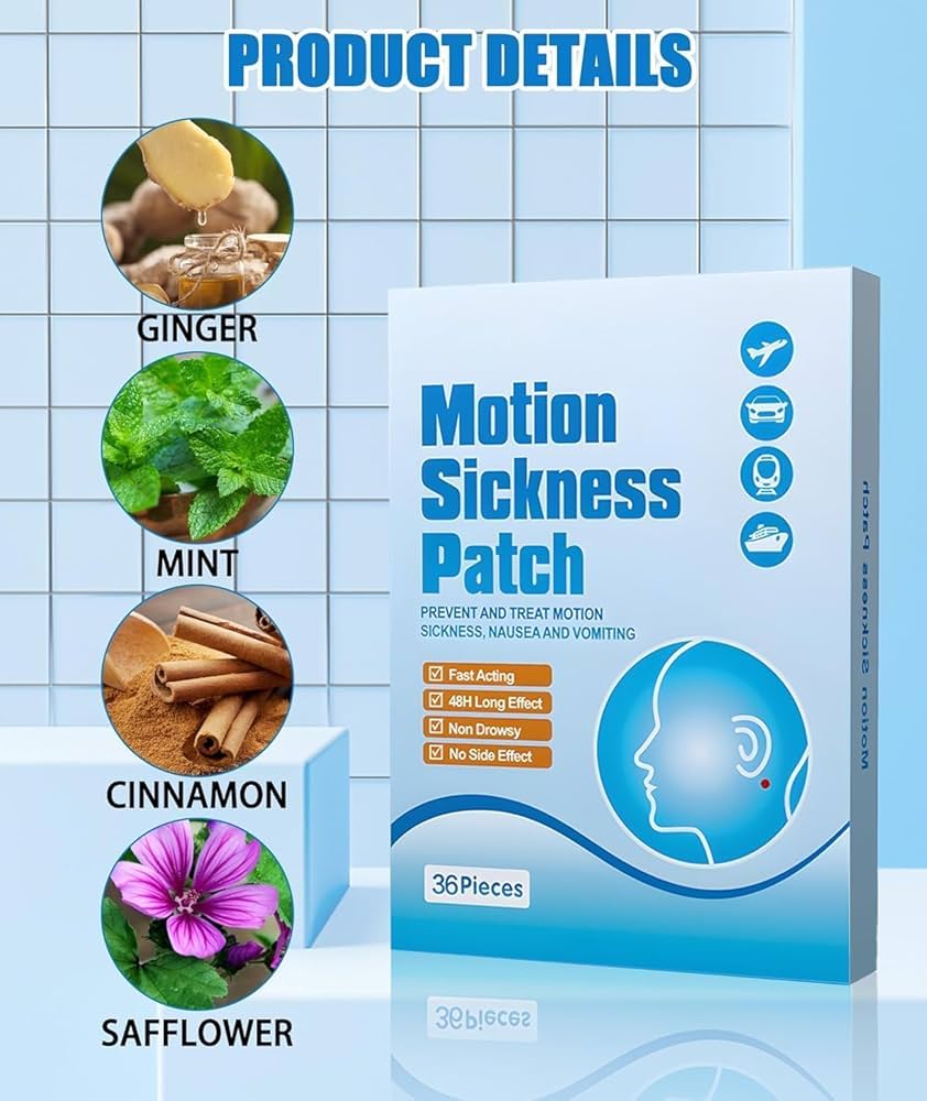Motion Sickness Patches, 36 Pcs Sea Sickness Patch Relieve Vomiting Nausea, Sea Sickness Patches for Cruise, Car, Ships, Airplanes Relieve Vertigo Resulted can be used behind the ear and on the navel