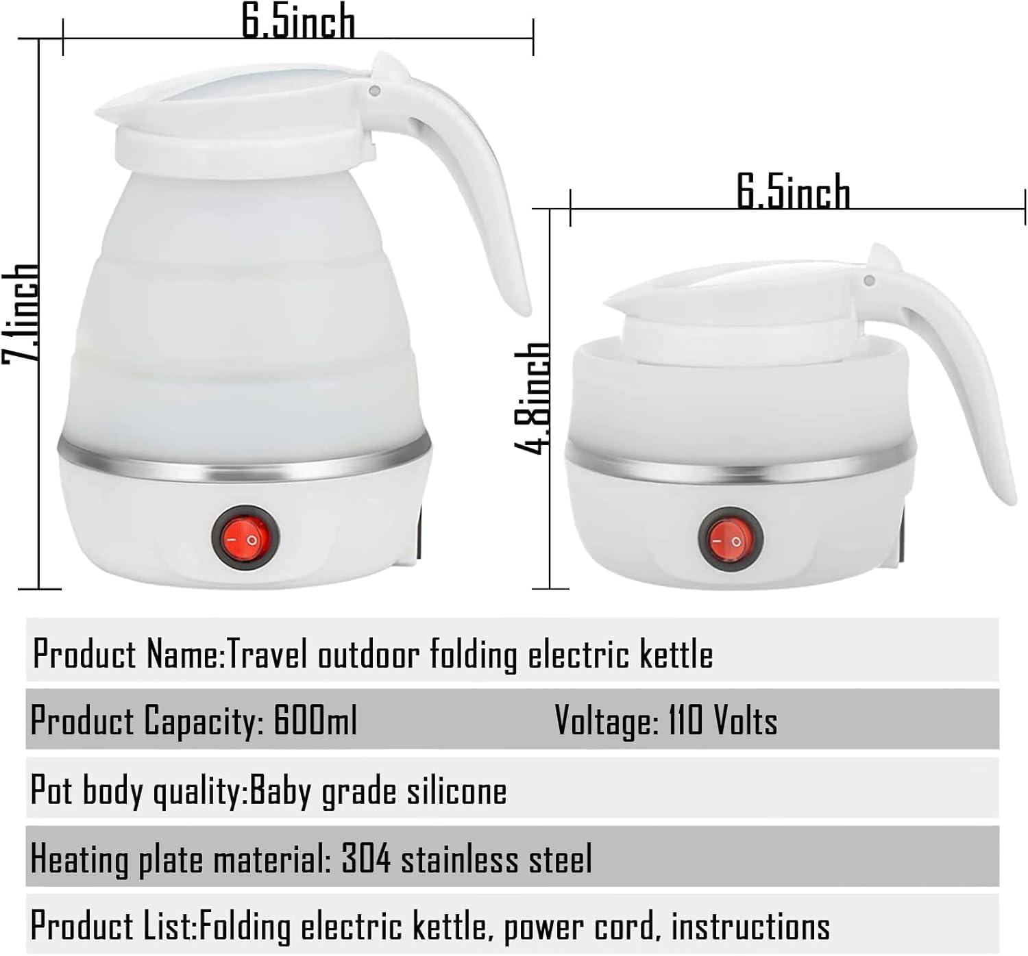 Foldable Portable Electric Kettle With Silicone Body And Stainless Steel Heating Base,Mini Folding Electric Water Boiler,Silicone Portable Kettle,Travel Tea Kettle,Compact Electric Kettle.