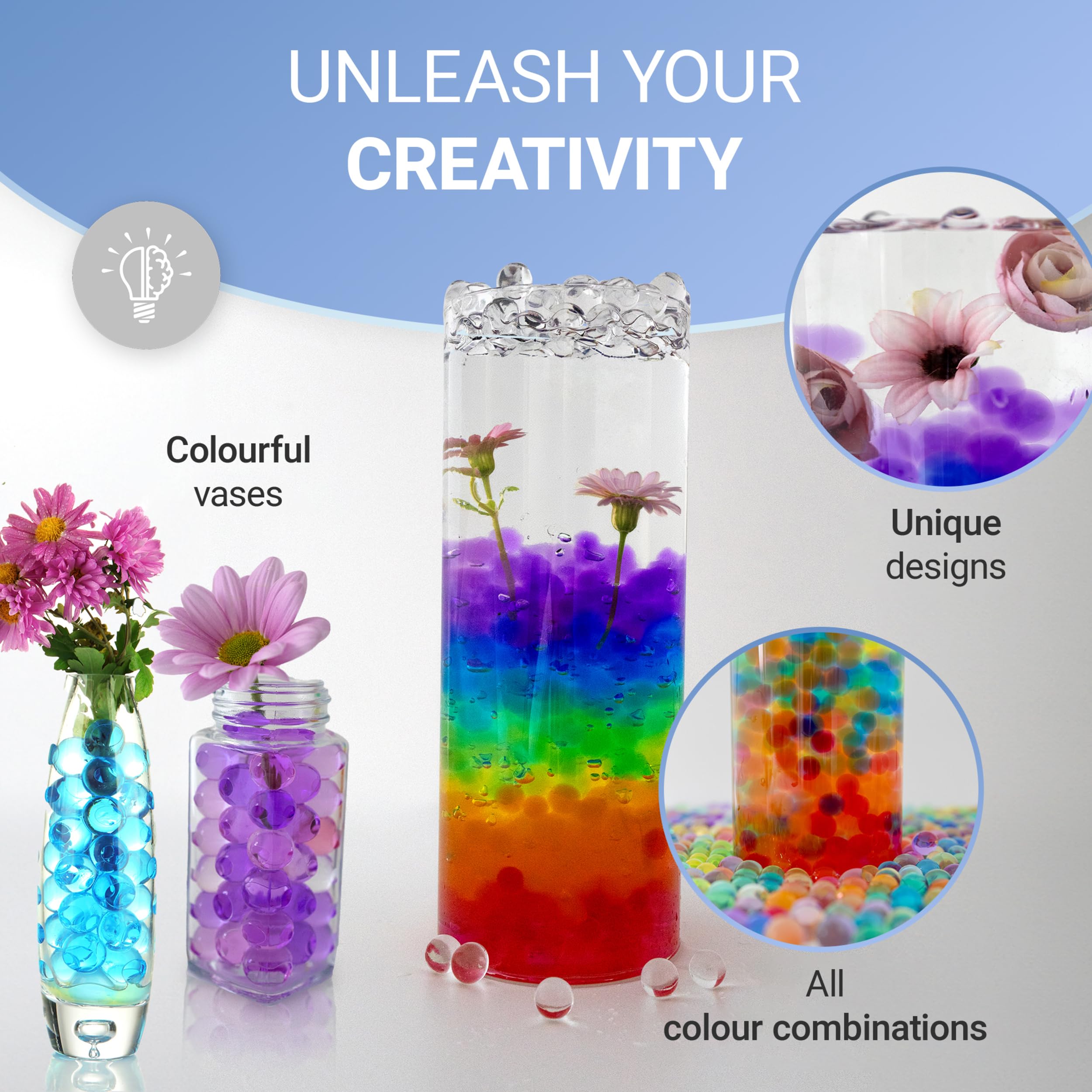 10,000 Pieces Hydrogel Water Beads expand in water to create attractive decorative fillers for flower vases, party arrangements, wedding displays and indoor plant setups.Suitable for vases, jars etc .