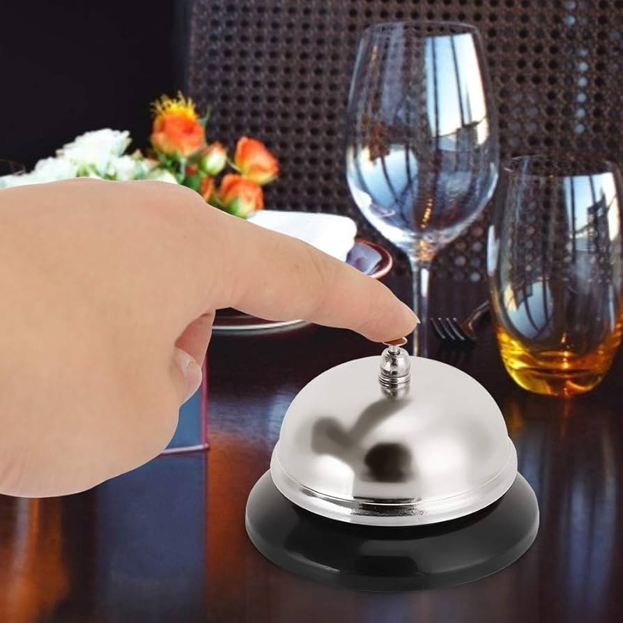 Call Bell - Table Bell, Reception Bell, Stainless Steel the ringing of the desk is loud, even in a loud restaurant or outdoors, you can hear the sound calibre: 10 cm. Height: 8 cm