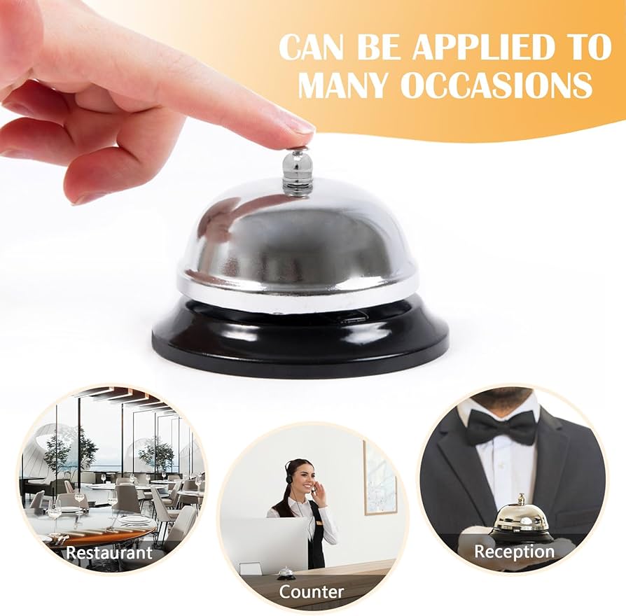 Call Bell - Table Bell, Reception Bell, Stainless Steel the ringing of the desk is loud, even in a loud restaurant or outdoors, you can hear the sound calibre: 10 cm. Height: 8 cm