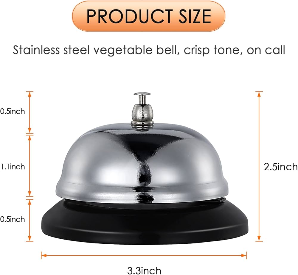 Call Bell - Table Bell, Reception Bell, Stainless Steel the ringing of the desk is loud, even in a loud restaurant or outdoors, you can hear the sound calibre: 10 cm. Height: 8 cm