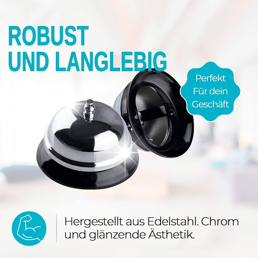 Call Bell - Table Bell, Reception Bell, Stainless Steel the ringing of the desk is loud, even in a loud restaurant or outdoors, you can hear the sound calibre: 10 cm. Height: 8 cm