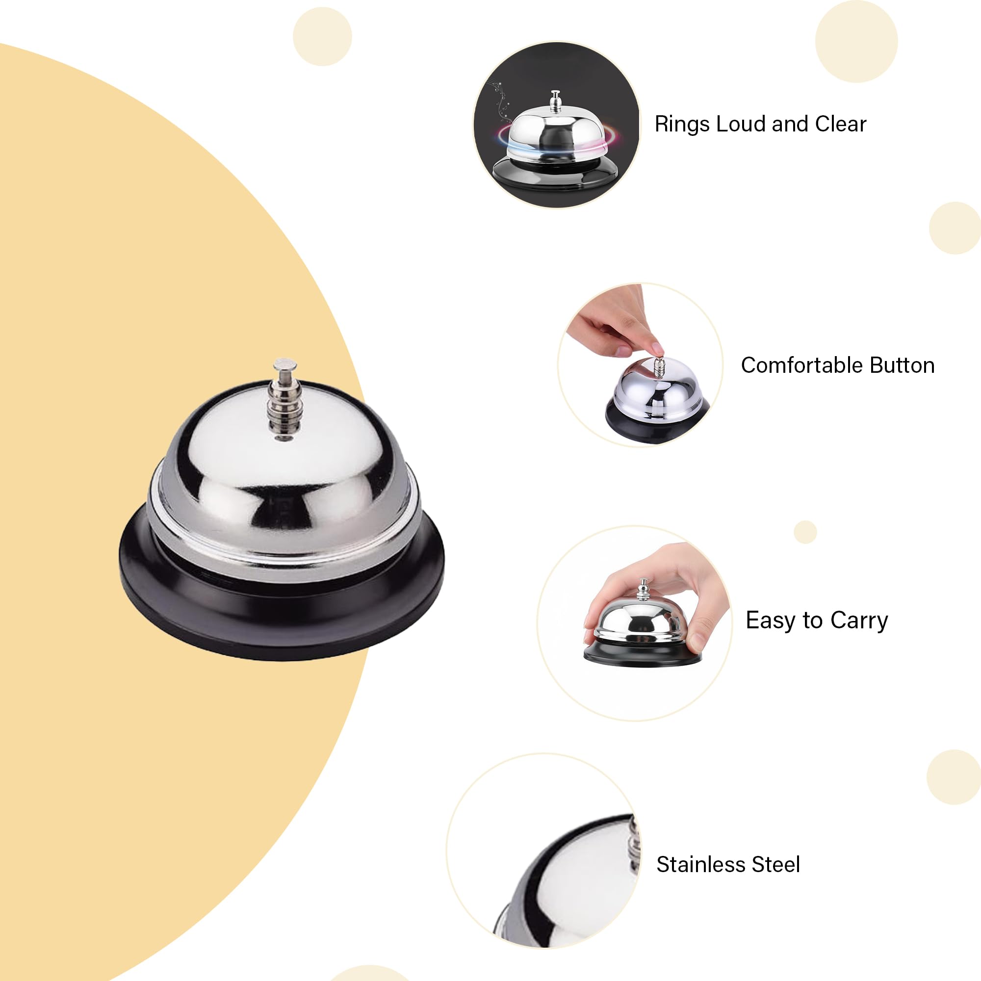 Call Bell - Table Bell, Reception Bell, Stainless Steel the ringing of the desk is loud, even in a loud restaurant or outdoors, you can hear the sound calibre: 10 cm. Height: 8 cm