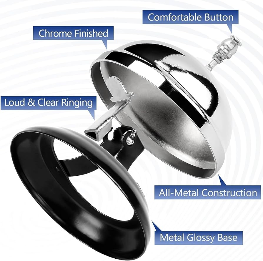 Call Bell - Table Bell, Reception Bell, Stainless Steel the ringing of the desk is loud, even in a loud restaurant or outdoors, you can hear the sound calibre: 10 cm. Height: 8 cm