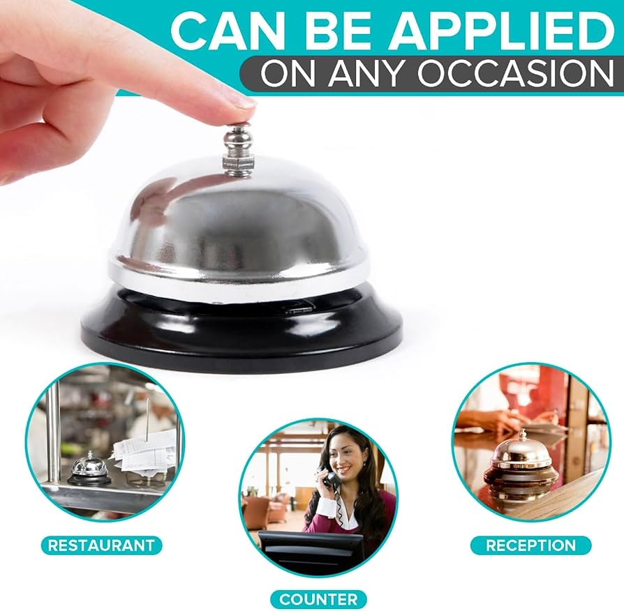 Call Bell - Table Bell, Reception Bell, Stainless Steel the ringing of the desk is loud, even in a loud restaurant or outdoors, you can hear the sound calibre: 10 cm. Height: 8 cm