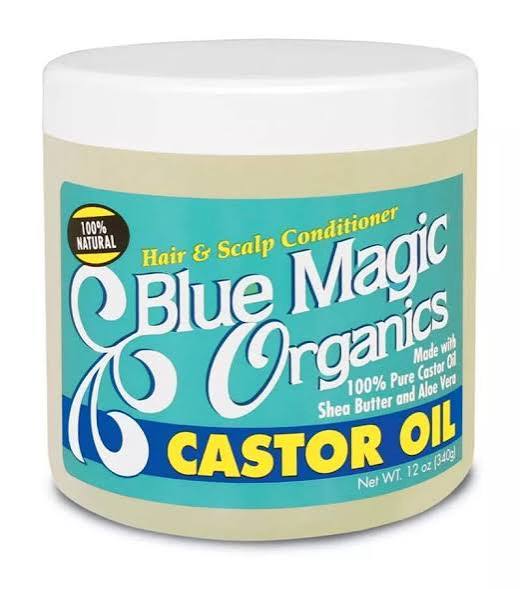 Blue Magic Originals Castor Oil, a deep-conditioning hair and scalp treatment. It is formulated to provide maximum strength hydration, particularly for natural, textured, or dry hair styles.