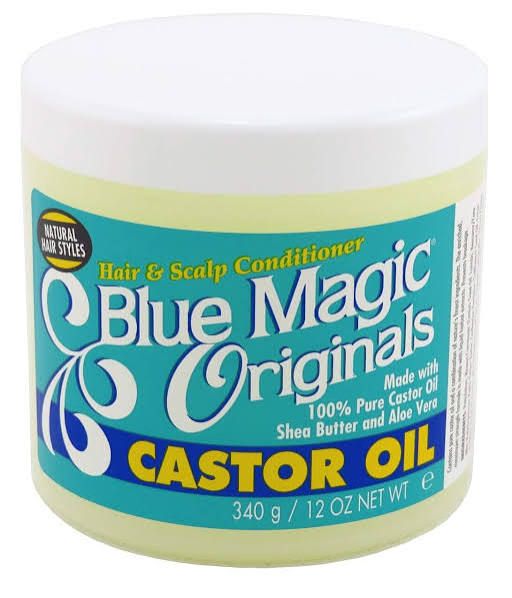 Blue Magic Originals Castor Oil, a deep-conditioning hair and scalp treatment. It is formulated to provide maximum strength hydration, particularly for natural, textured, or dry hair styles.