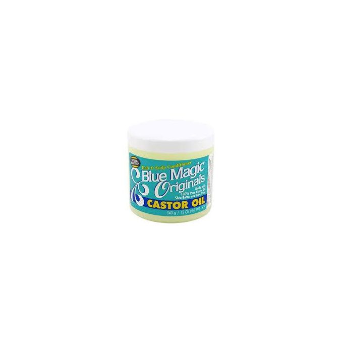 Blue Magic Originals Castor Oil, a deep-conditioning hair and scalp treatment. It is formulated to provide maximum strength hydration, particularly for natural, textured, or dry hair styles.