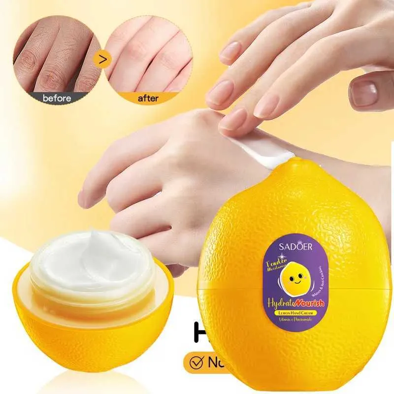 Sadoer Hydrate & Nourish Lemon Hand Cream, a moisturizing product designed to soften and repair dry, rough skin on the hands.