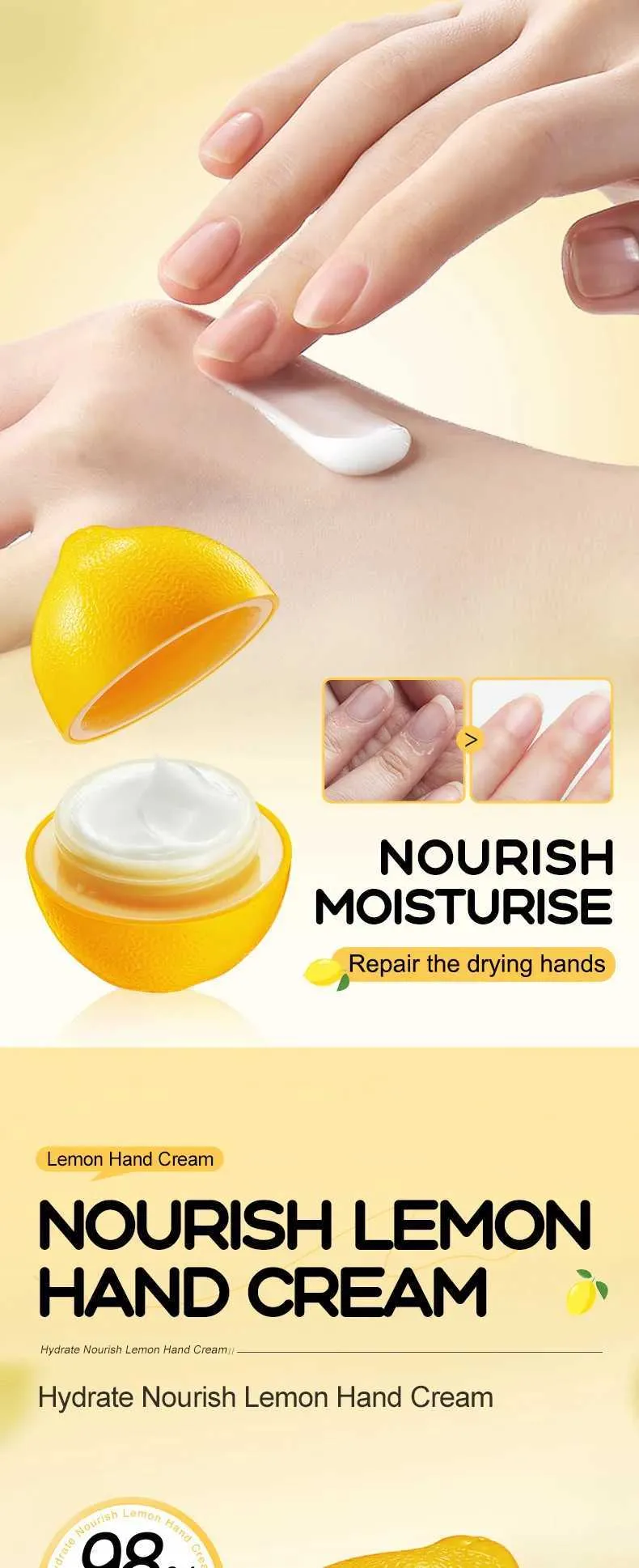 Sadoer Hydrate & Nourish Lemon Hand Cream, a moisturizing product designed to soften and repair dry, rough skin on the hands.
