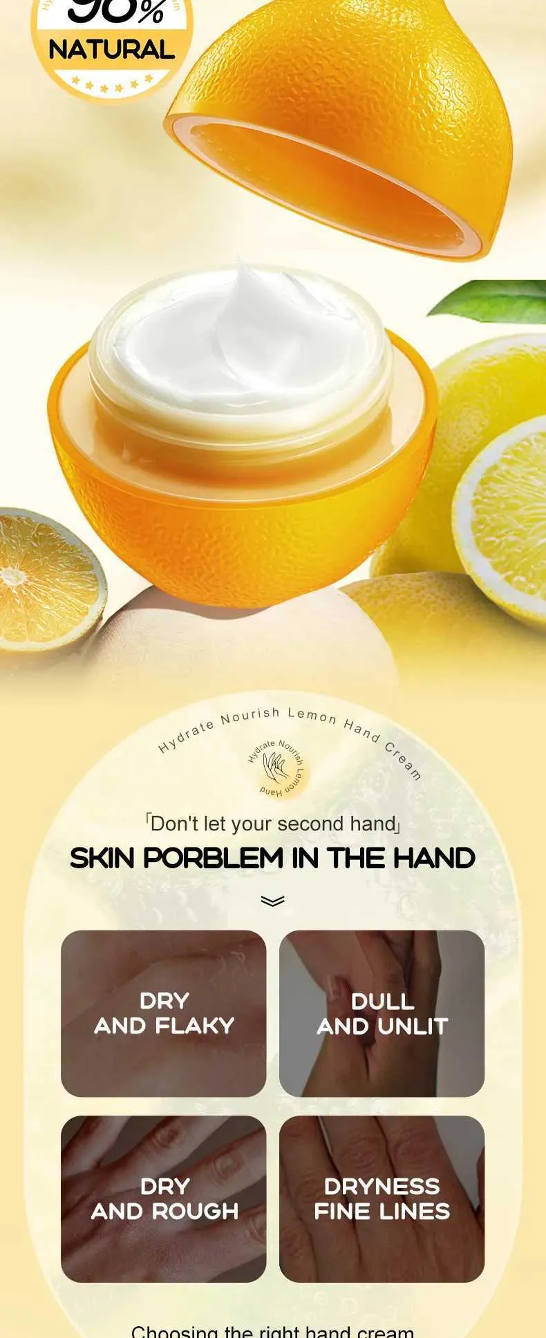 Sadoer Hydrate & Nourish Lemon Hand Cream, a moisturizing product designed to soften and repair dry, rough skin on the hands.
