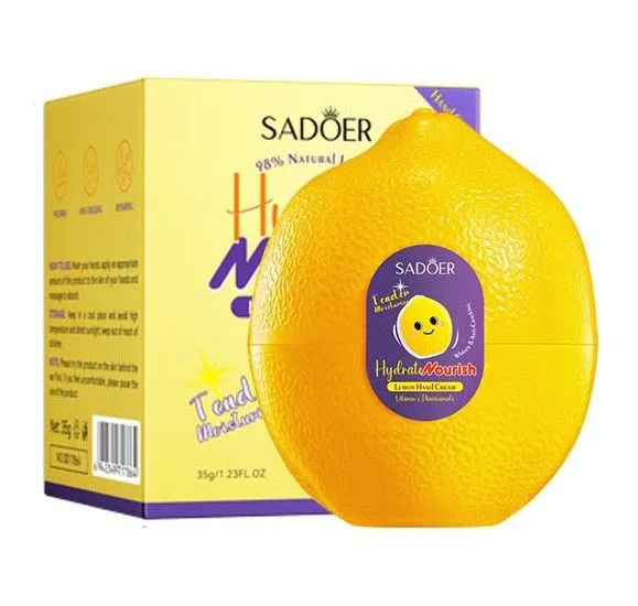 Sadoer Hydrate & Nourish Lemon Hand Cream, a moisturizing product designed to soften and repair dry, rough skin on the hands.