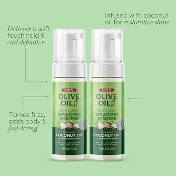 Olive Oil Ors Olive Oil Hold & Shine Wrap/Set Mousse - 207ml combines the power of nourishing Olive Oil and restorative Coconut Oil to moisturize and enhance shine while delivering incredible hold.