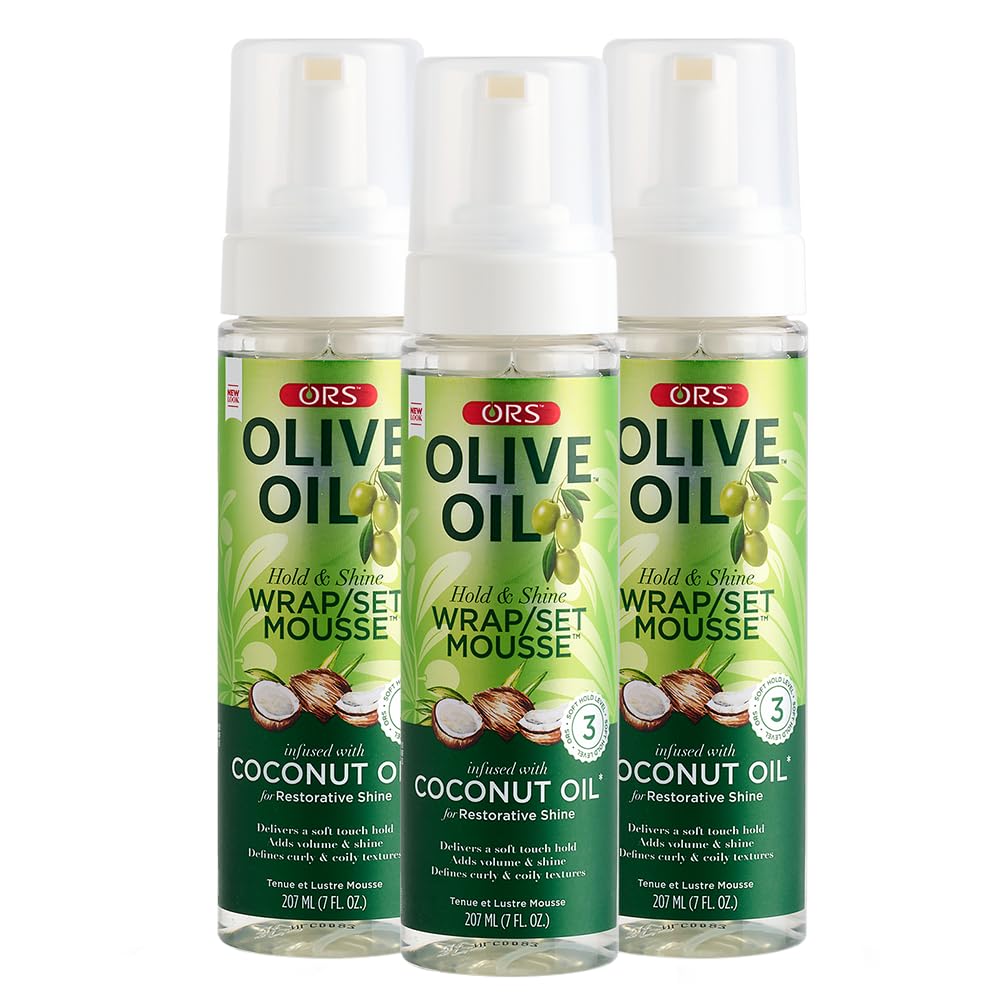 Olive Oil Ors Olive Oil Hold & Shine Wrap/Set Mousse - 207ml combines the power of nourishing Olive Oil and restorative Coconut Oil to moisturize and enhance shine while delivering incredible hold.