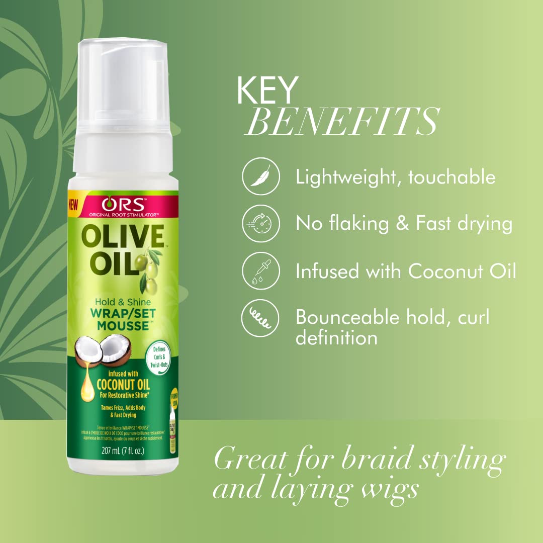 Olive Oil Ors Olive Oil Hold & Shine Wrap/Set Mousse - 207ml combines the power of nourishing Olive Oil and restorative Coconut Oil to moisturize and enhance shine while delivering incredible hold.