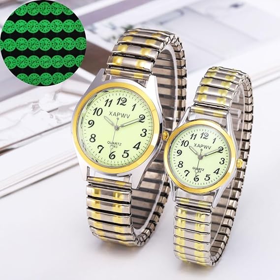 Luminous Valentines Couple Wrist Watch Elastic Bracelet Strap Couples Wristwatch For Men Ladies Women style bracelet, typically made of stainless steel or aluminum, designed to stretch over the hand.
