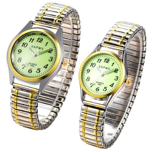 Luminous Valentines Couple Wrist Watch Elastic Bracelet Strap Couples Wristwatch For Men Ladies Women style bracelet, typically made of stainless steel or aluminum, designed to stretch over the hand.