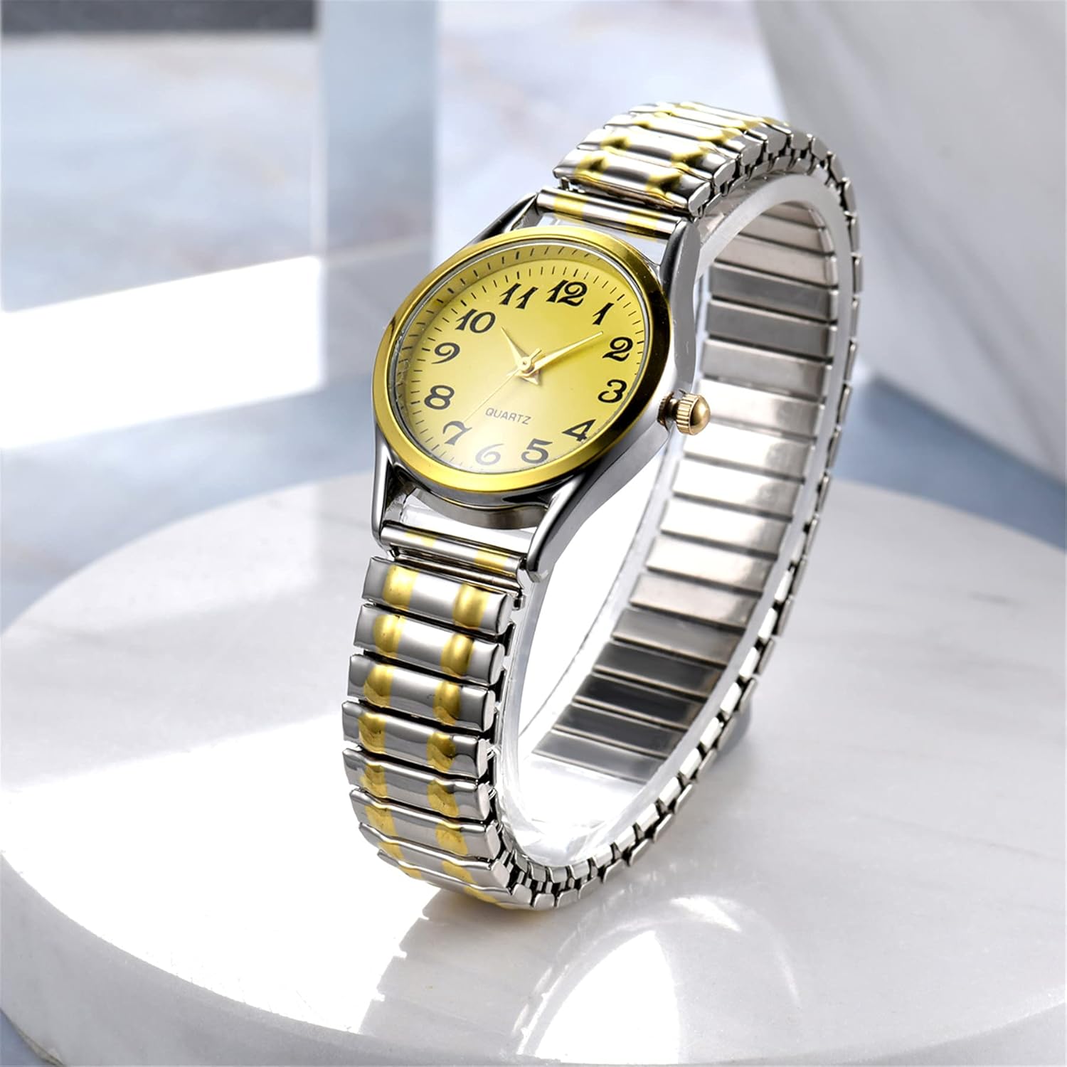 Luminous Valentines Couple Wrist Watch Elastic Bracelet Strap Couples Wristwatch For Men Ladies Women style bracelet, typically made of stainless steel or aluminum, designed to stretch over the hand.