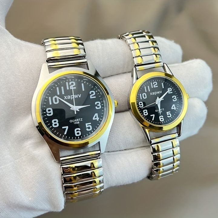 Luminous Valentines Couple Wrist Watch Elastic Bracelet Strap Couples Wristwatch For Men Ladies Women style bracelet, typically made of stainless steel or aluminum, designed to stretch over the hand.