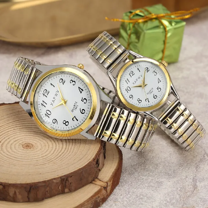 Luminous Valentines Couple Wrist Watch Elastic Bracelet Strap Couples Wristwatch For Men Ladies Women style bracelet, typically made of stainless steel or aluminum, designed to stretch over the hand.