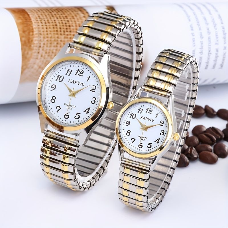 Luminous Valentines Couple Wrist Watch Elastic Bracelet Strap Couples Wristwatch For Men Ladies Women style bracelet, typically made of stainless steel or aluminum, designed to stretch over the hand.