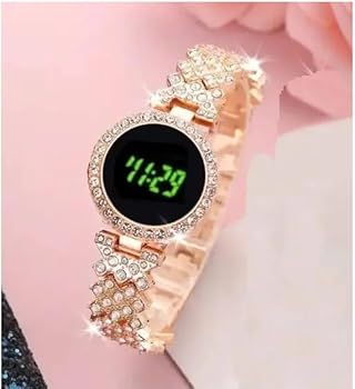 Ladies LED Watch paired with coordinating stackable bracelets.a watch comes as  set with multiple stackable bracelets, often including heart shaped charms or leaf motifs gold-tone watch with a crystal