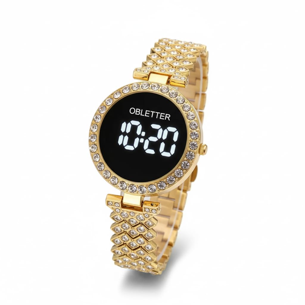 Ladies LED Watch paired with coordinating stackable bracelets.a watch comes as  set with multiple stackable bracelets, often including heart shaped charms or leaf motifs gold-tone watch with a crystal
